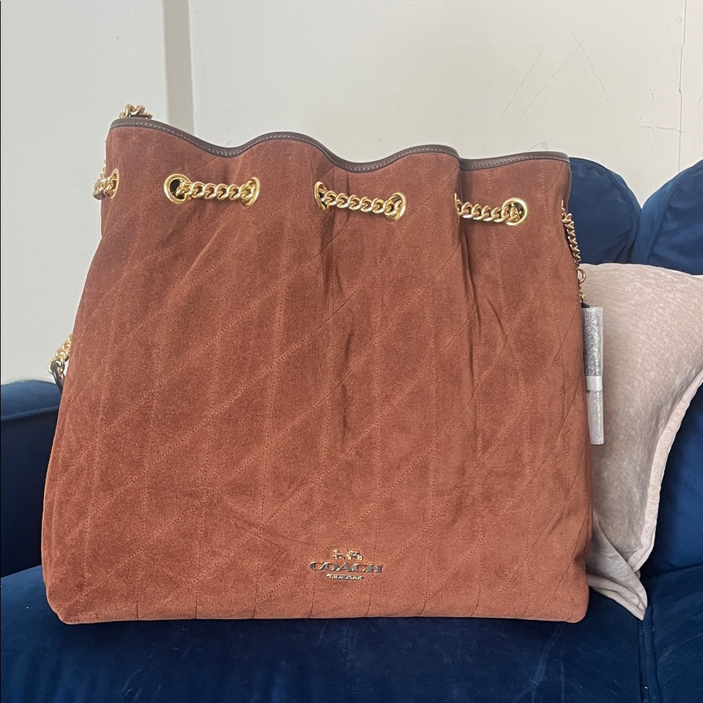 Coach Suede Tote Bag with Gold Chain Trim in Brown